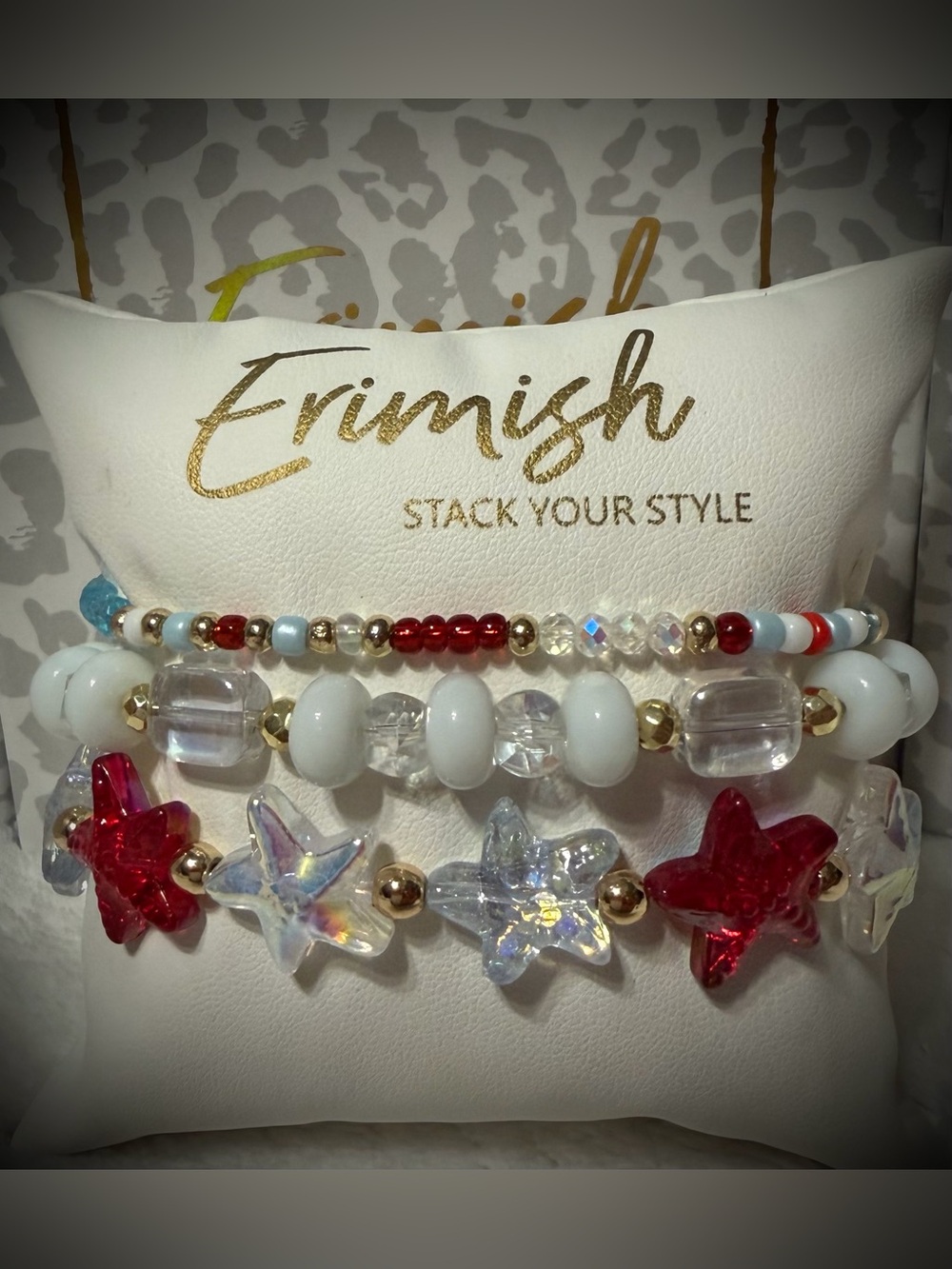 New ERIMISH Bracelets 3 pc Stack - Red, White & Blue Iridescent Starfish